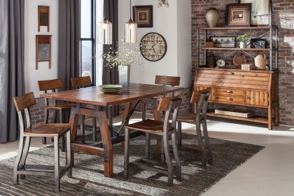 Rustic Brown and Gunmetal Finish 7pc Dining Set Counter Height Table And 6x Counter Height Chairs Industrial Design Wooden Dining Furniture