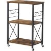 Black Metal Rustic Brown Wood 3-Shelf Kitchen Baker's Rack Microwave Cart