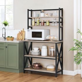 Modern Black Metal Grey Wood Bakers Rack Microwave Stand Kitchen Shelving Unit