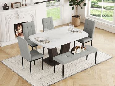 6-Piece Dining Table Set for 6, Faux Marble Table with V-shaped Legs and 4 Upholstered Chairs & Bench, Modern Dining Room Set for Kitchen, Dining Room (Color: as Pic)